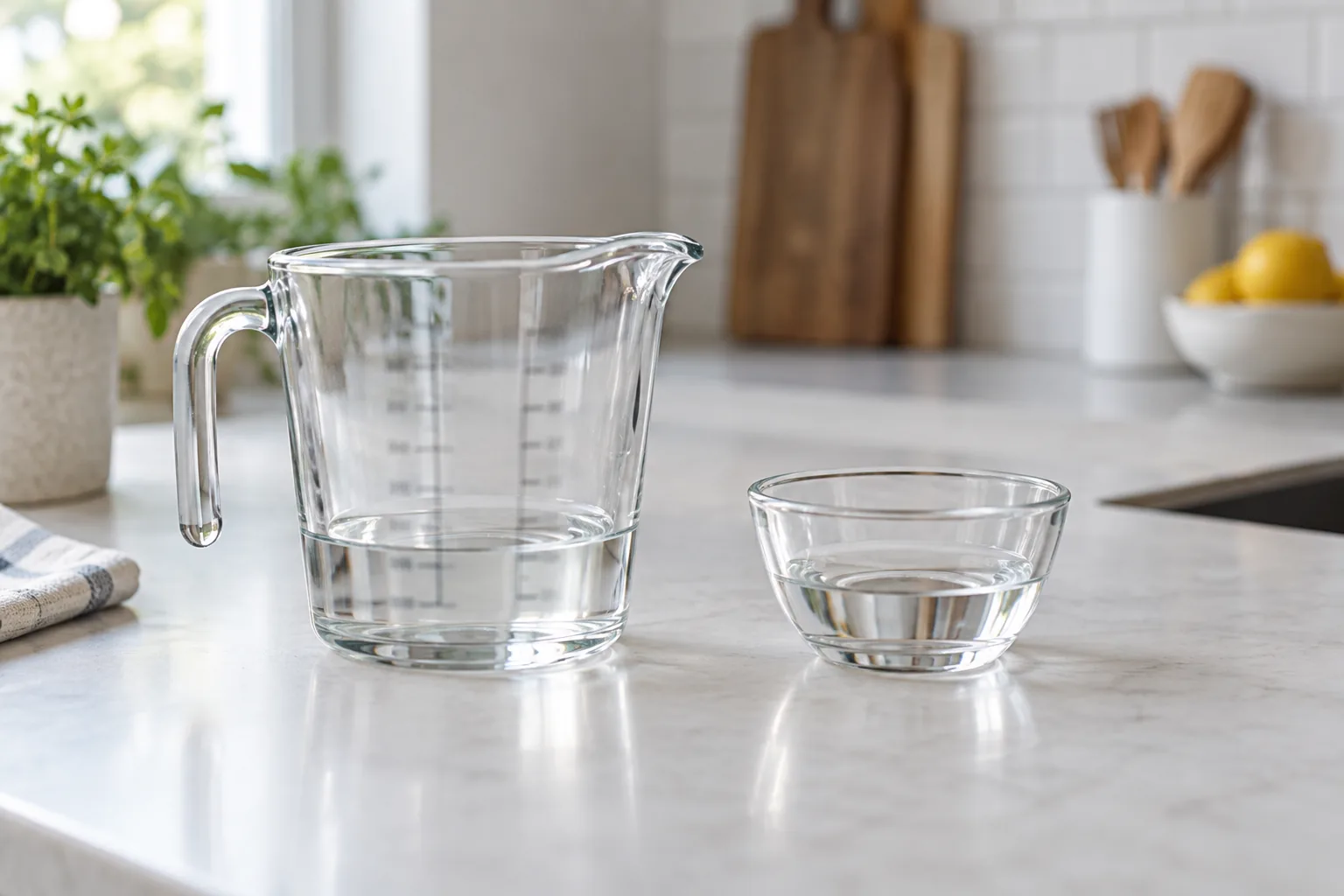 Un verre doseur transparent et un petit rĂ©cipient contiennent de lâeau dans une cuisine.