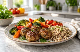 Des boulettes bien cuites sont servies avec légumes et céréales dans une assiette complète.
