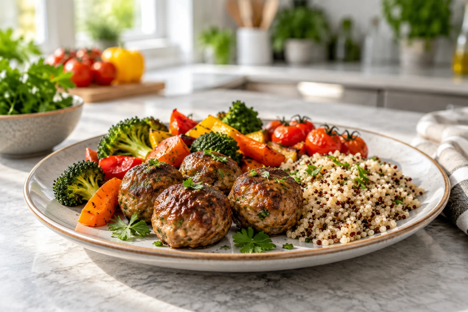 Des boulettes bien cuites sont servies avec légumes et céréales dans une assiette complète.