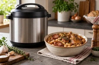 Un multicuiseur générique fermé est posé près d’un cassoulet bien cuit et servi.