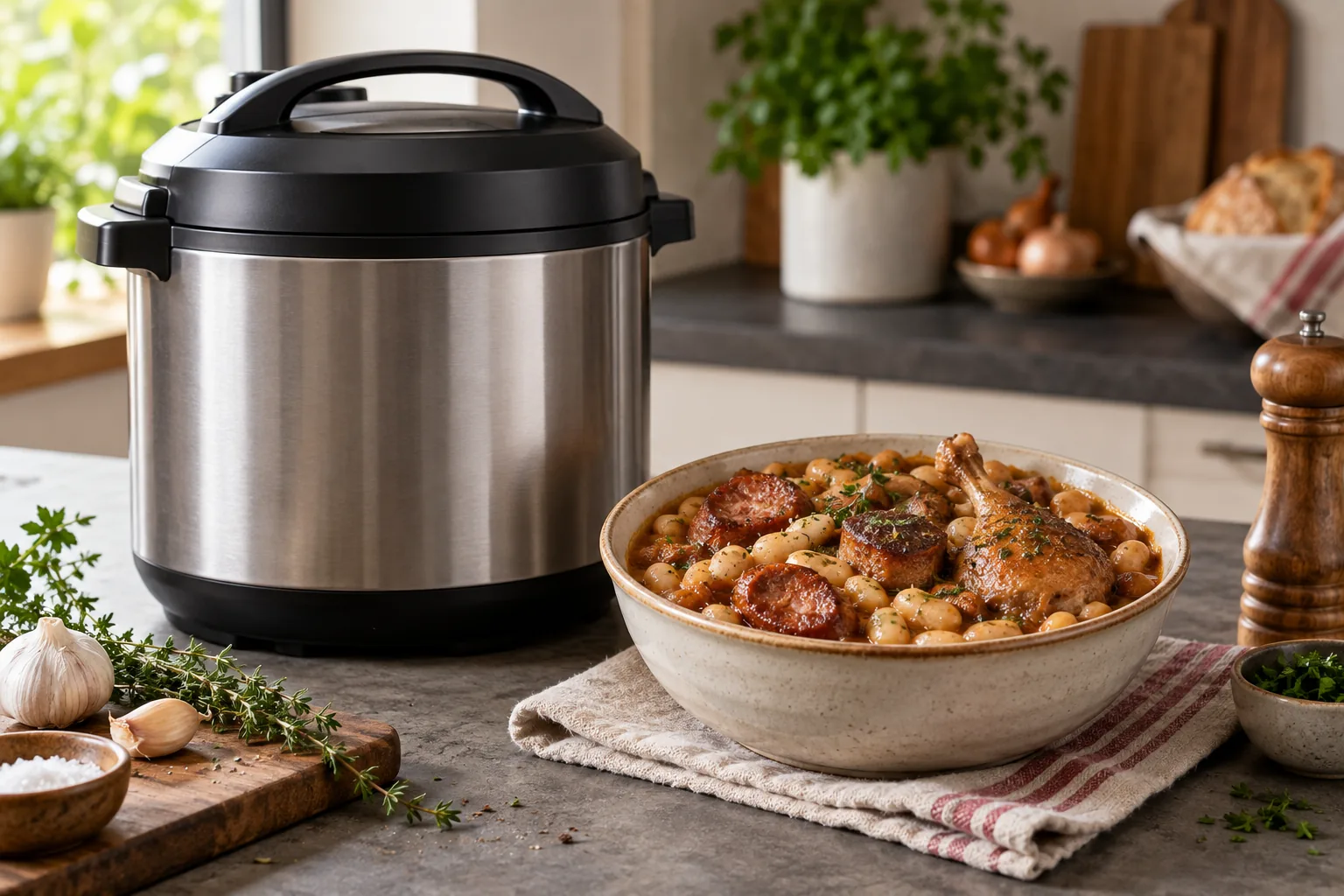 Un multicuiseur générique fermé est posé près d’un cassoulet bien cuit et servi.