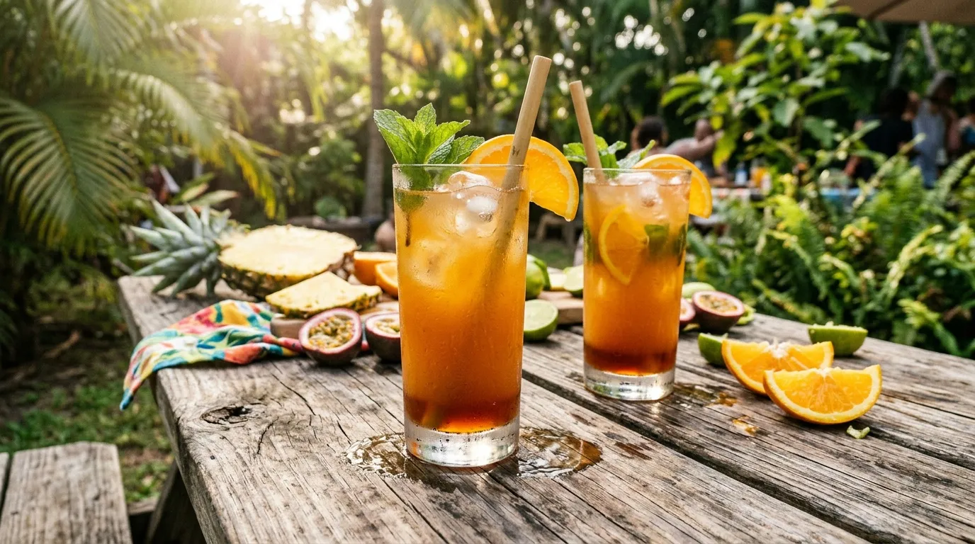 Deux verres de boissons orange avec glaçons et fruits sur une terrasse.