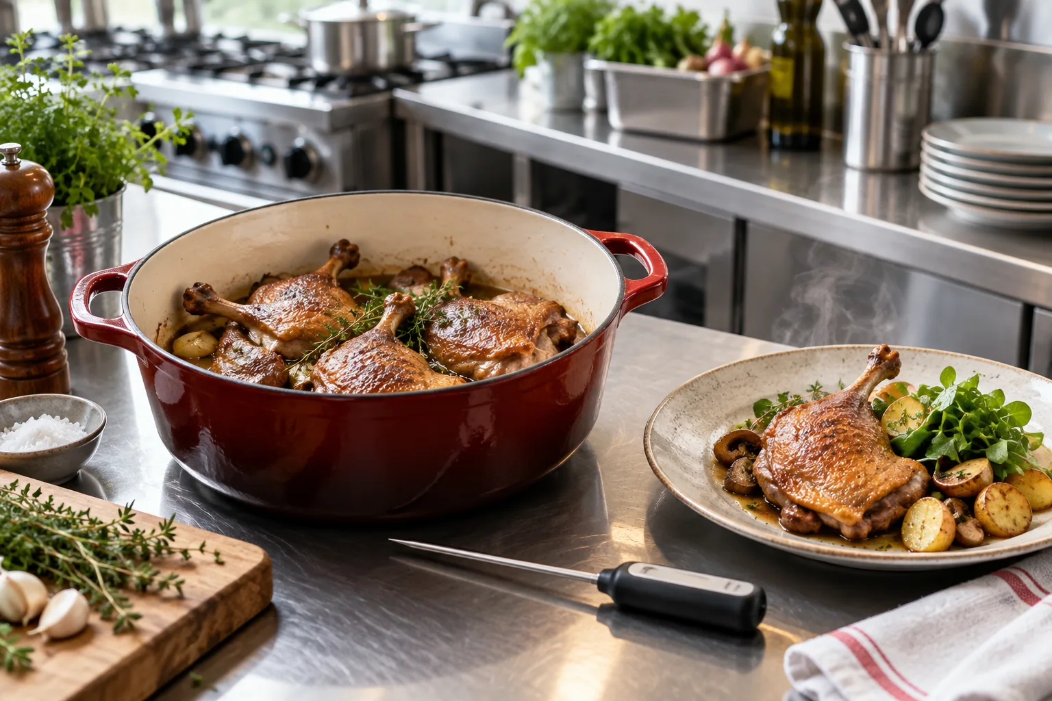 Des cuisses de canard confites sont présentées dans une cocotte professionnelle avec un thermomètre et un plat chaud.