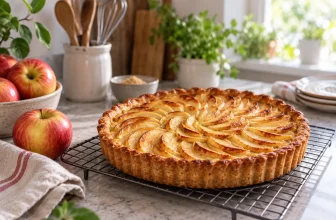 Une tarte aux pommes bien cuite refroidit sur une grille dans une cuisine propre.