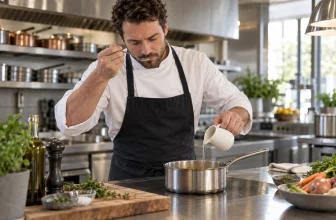 Un cuisinier équilibre un plat en ajoutant prudemment un ingrédient liquide neutre.