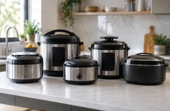 Plusieurs multicuiseurs génériques de tailles différentes sur un comptoir de cuisine.