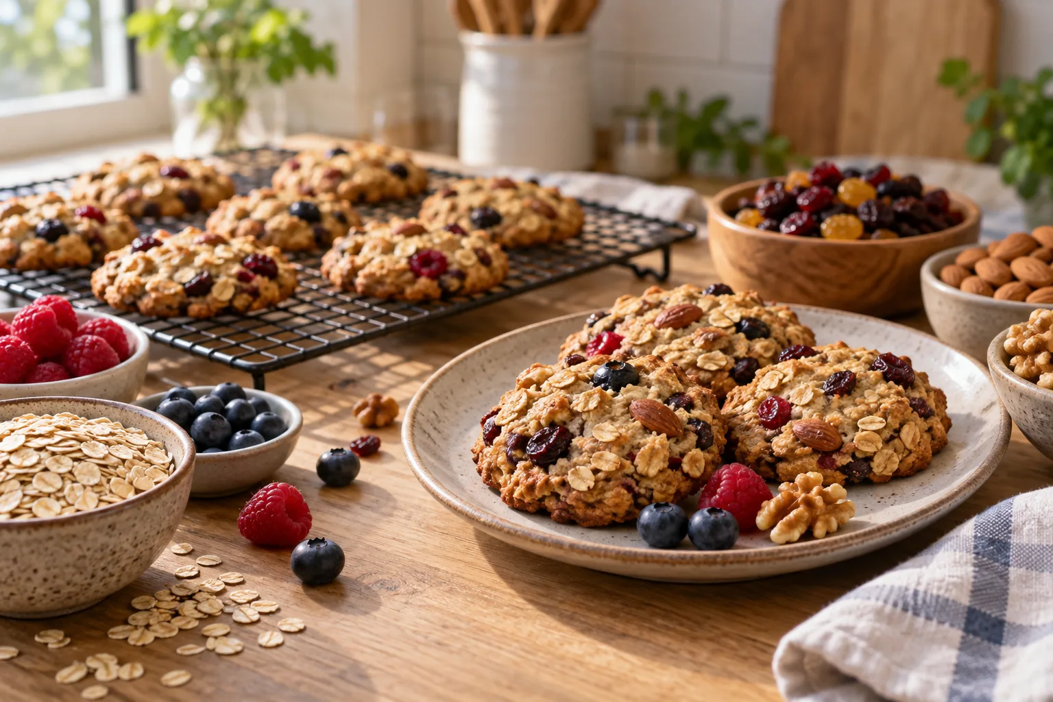 Des cookies maison sont entourĂ©s dâavoine, de fruits et de noix.