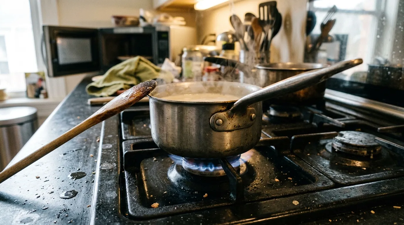 Casserole en cours de cuisson sur une plaque à gaz.