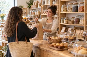 Une épicerie douce générique présente des pâtisseries et ingrédients dans un décor neutre.