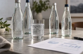Des bouteilles d’eau gazeuse génériques entourent un verre et une fiche d’analyse illisible.