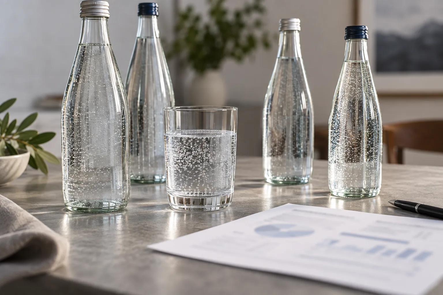 Des bouteilles dâeau gazeuse gĂ©nĂ©riques entourent un verre et une fiche dâanalyse illisible.
