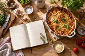 Plan de travail avec carnet de recettes, herbes, ustensiles et plat cuisiné.