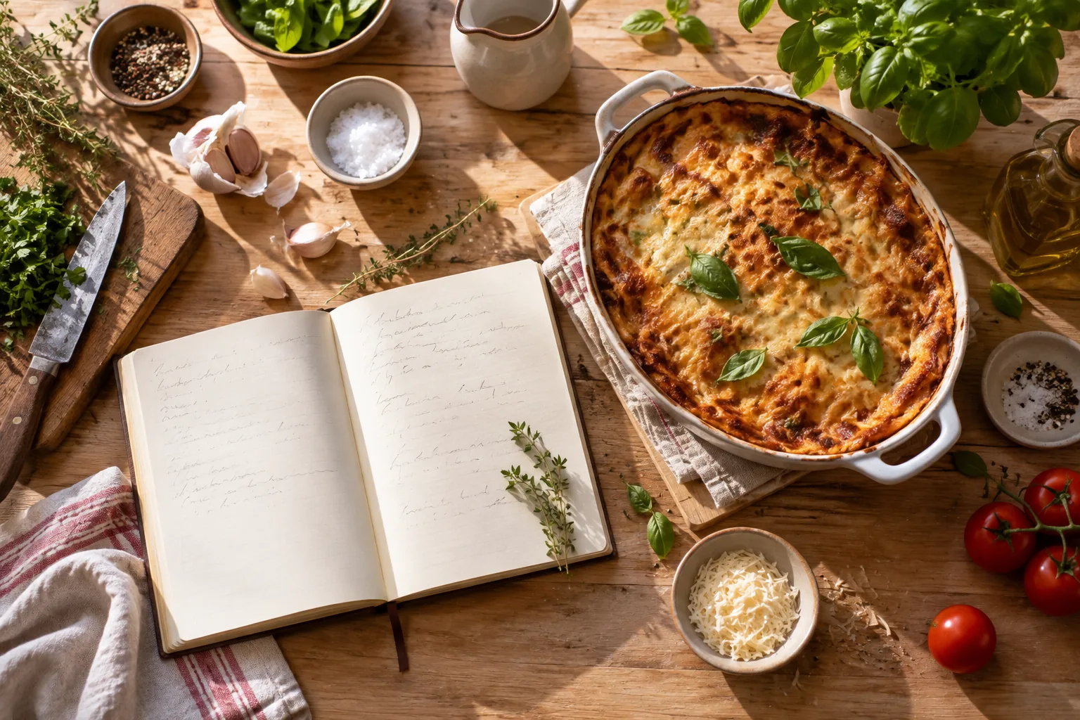 Un carnet de recettes ouvert est posĂ© prĂšs dâun plat cuisinĂ©, dâherbes et dâingrĂ©dients.
