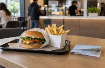 Un carnet de chèques-vacances illisible est posé près d’un plateau de fast-food générique sans marque.