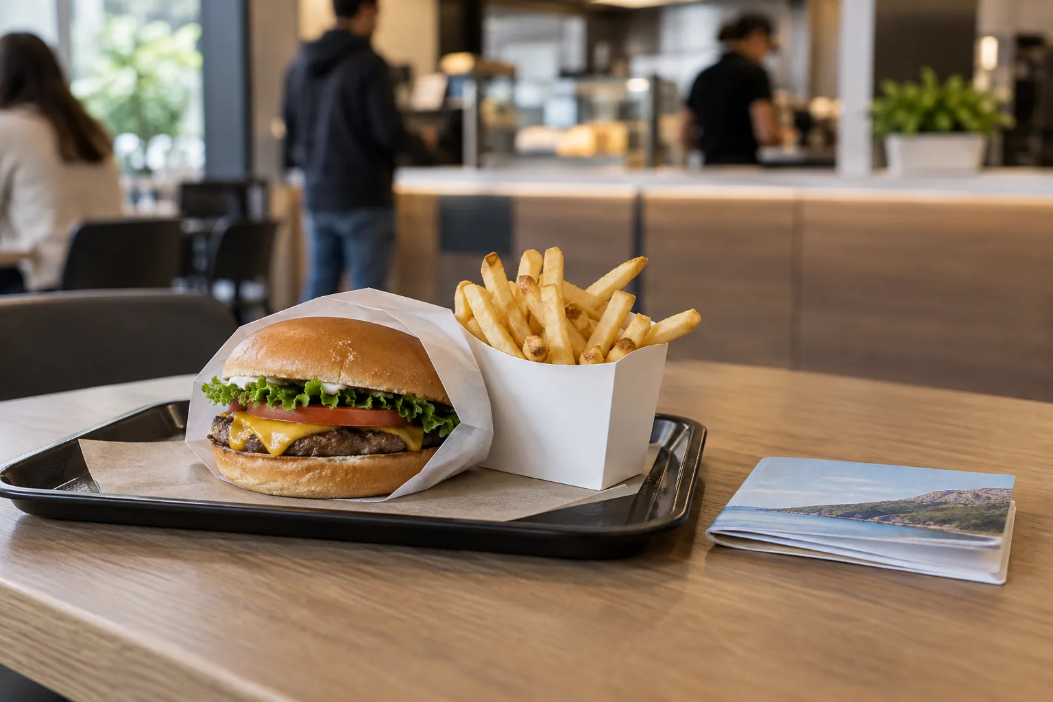 Un carnet de chèques-vacances illisible est posé près d’un plateau de fast-food générique sans marque.