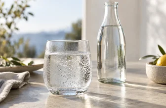Un verre d’eau pétillante nature est posé sur une table lumineuse avec une bouteille neutre.