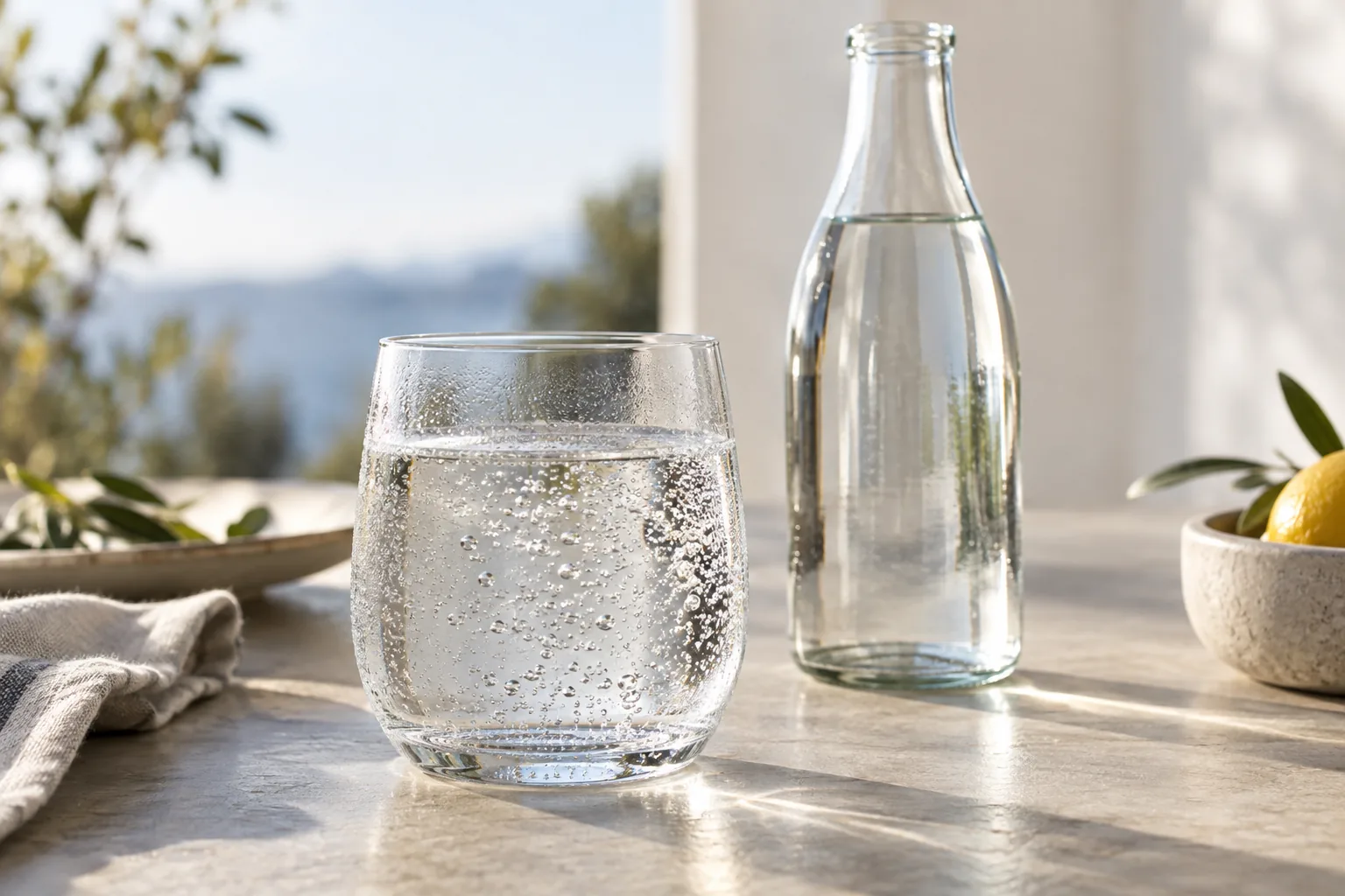 Un verre d’eau pétillante nature est posé sur une table lumineuse avec une bouteille neutre.