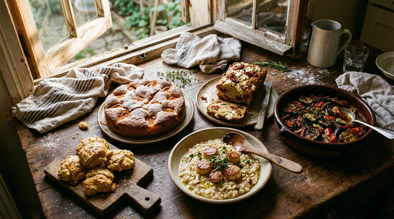 Table rustique garnie de pains, gĂąteaux et plats cuisinĂ©s prĂšs dâune fenĂȘtre.