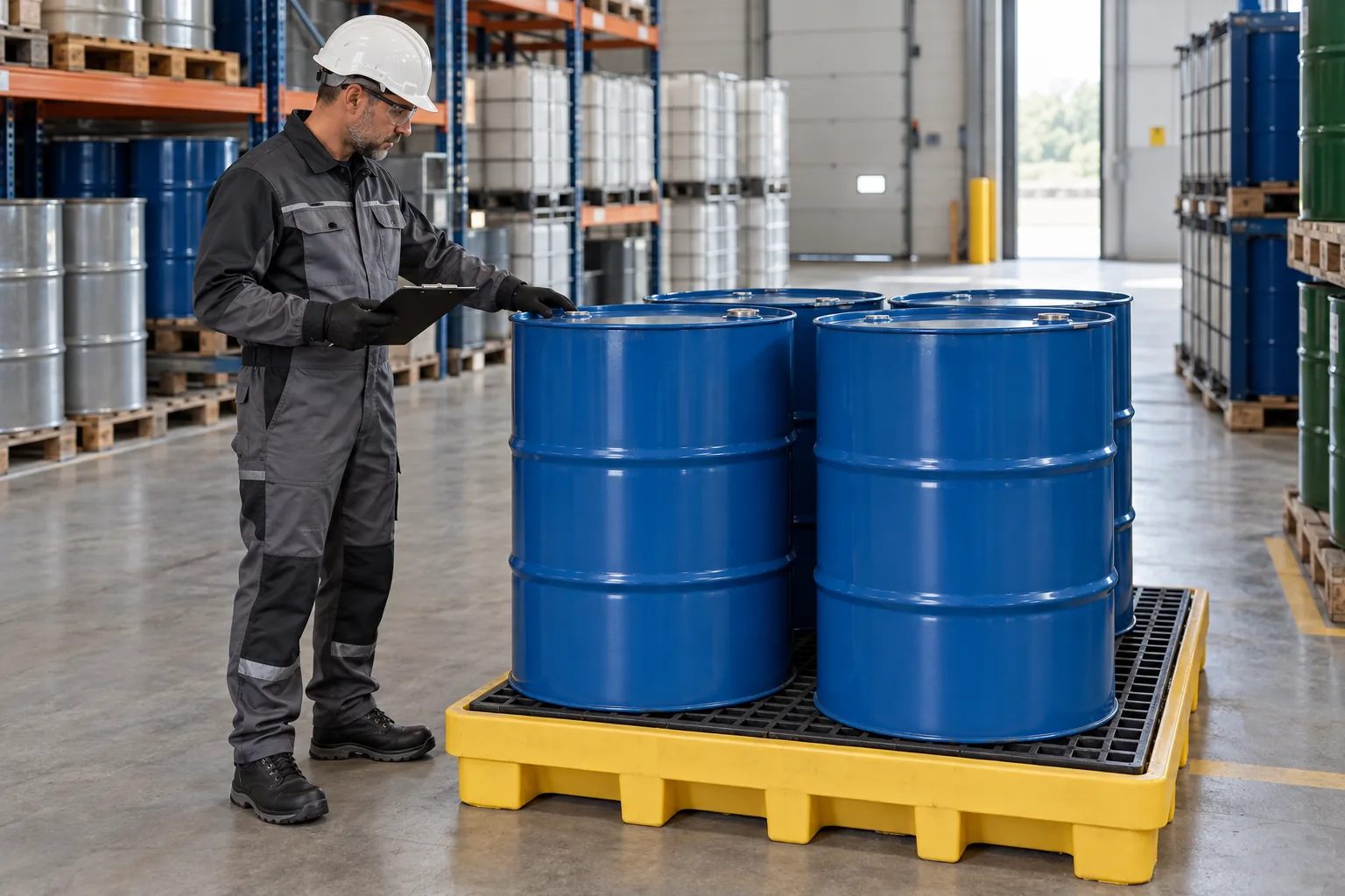 Un professionnel équipé inspecte des fûts propres et fermés posés sur une palette de rétention.