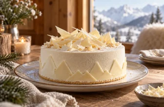 Un gâteau alpin générique décoré est présenté devant un décor de montagne discret.