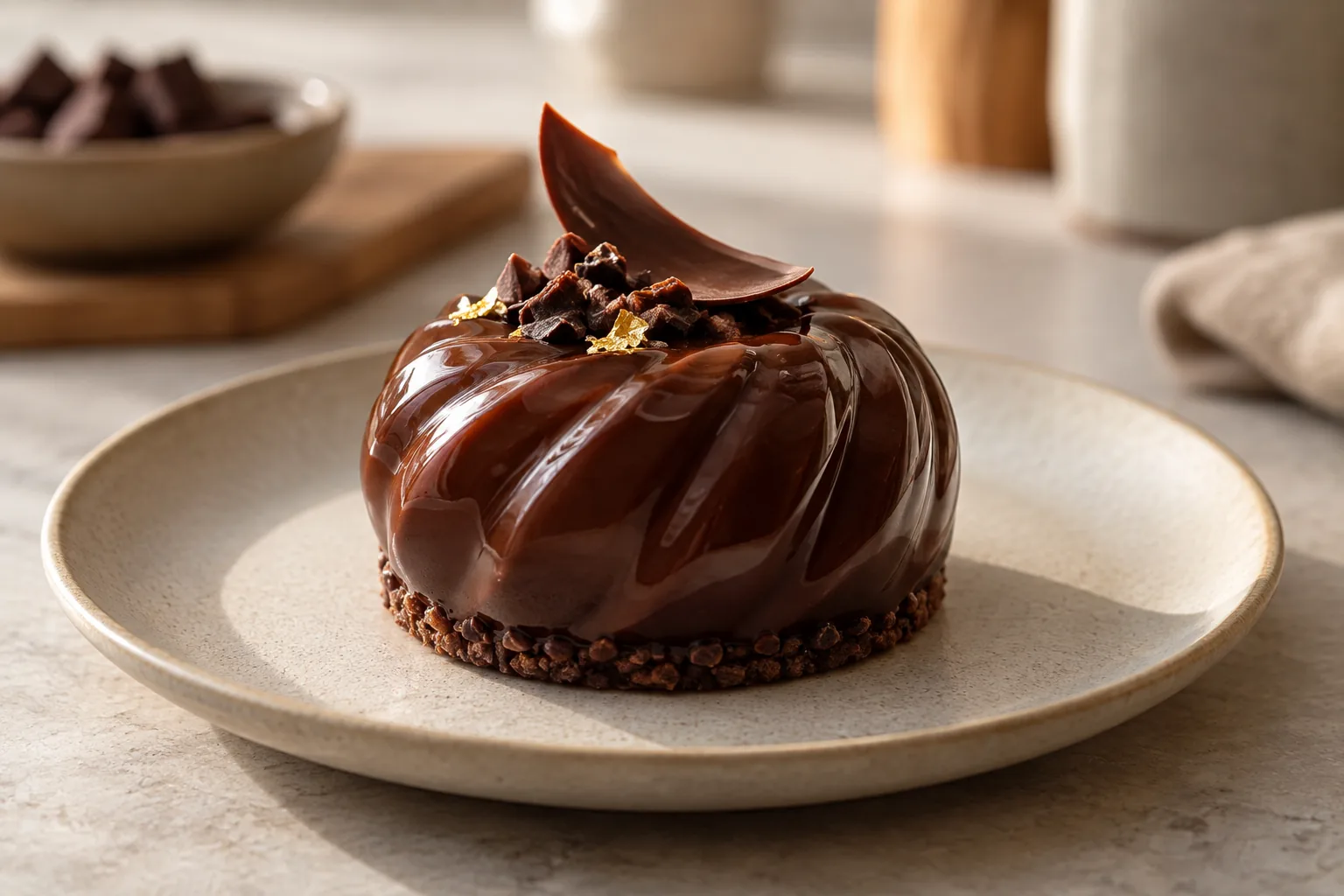 Un petit dessert glacé au chocolat est présenté seul sur une assiette neutre.