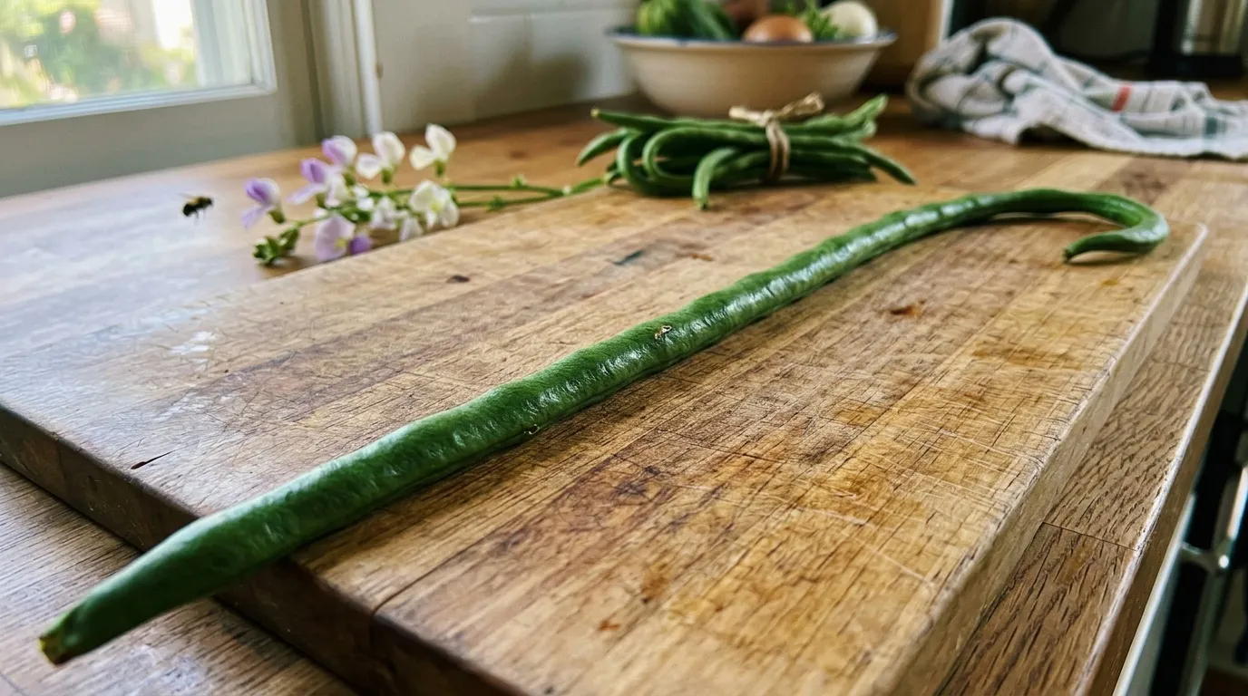 Haricots verts et fleurs sur planche de bois cuisine