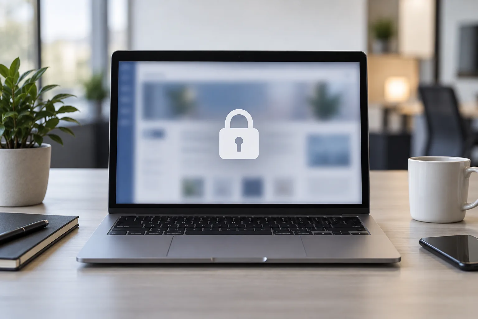 Un portail intranet générique et flouté avec un cadenas apparaît sur un ordinateur neutre.