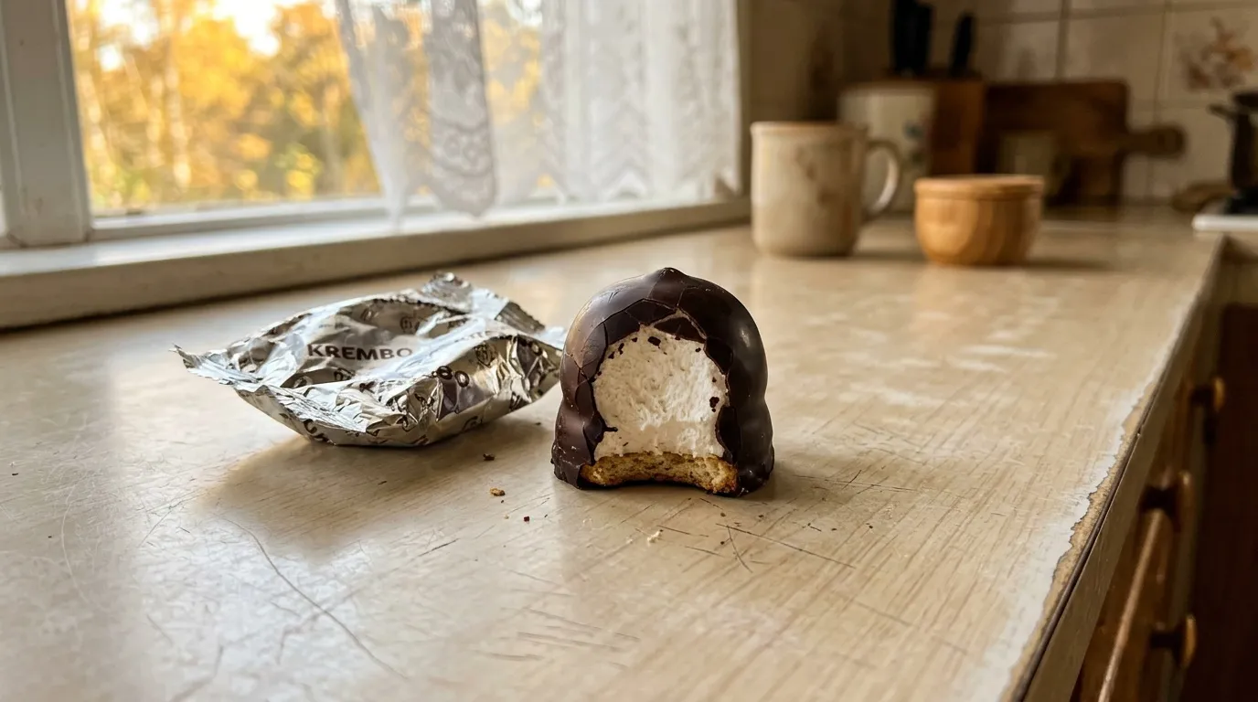 Une petite pâtisserie au chocolat ouverte révèle une garniture blanche.