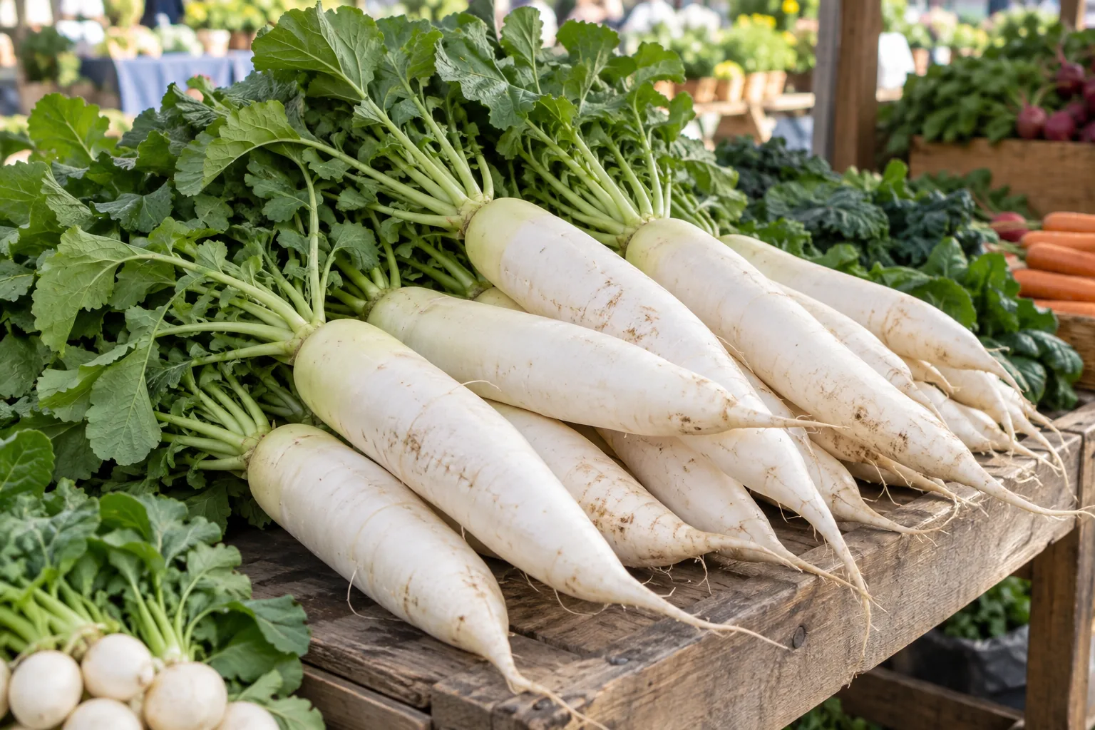Des daikons entiers avec leurs feuilles sont disposés sur un étal de légumes.