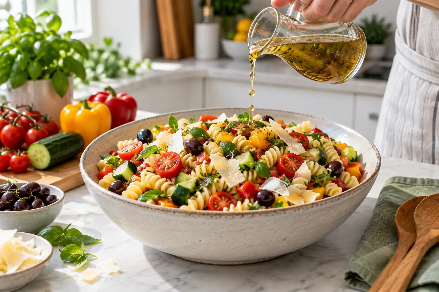 Une vinaigrette fraîche est versée sur une salade de pâtes colorée juste avant le service.