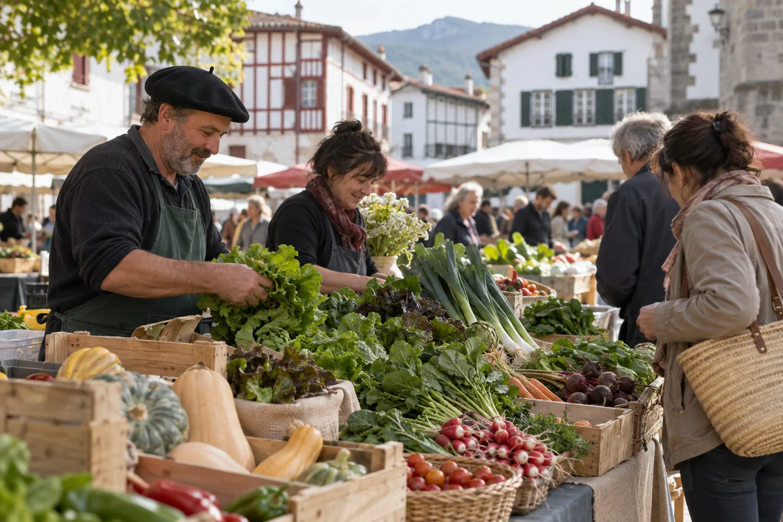 Des producteurs et des clients se rencontrent autour de paniers de légumes dans un marché basque générique.