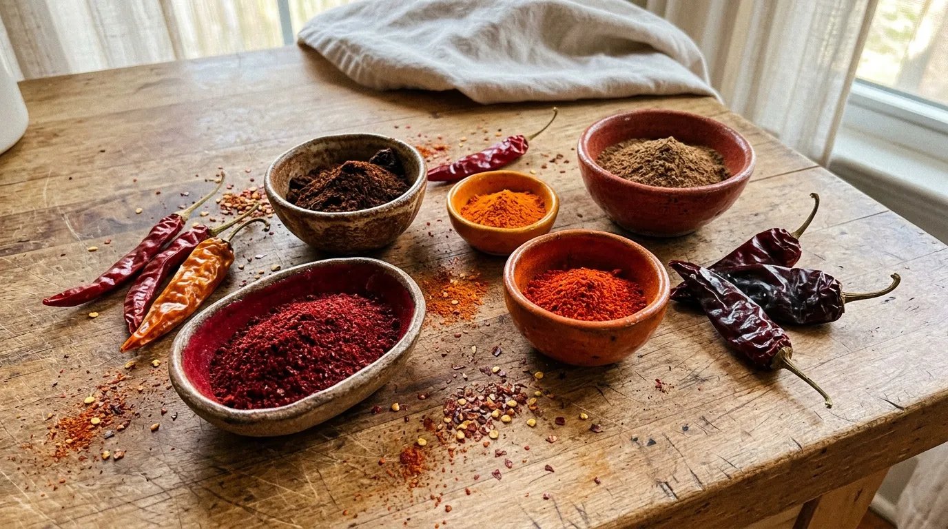 Bols d’épices moulues et piments rouges séchés sur une table.