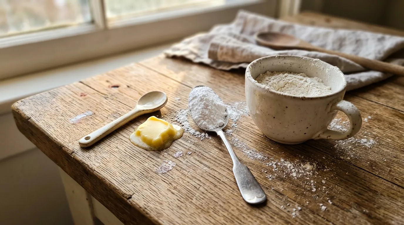 Des ingrédients de boulangerie sont disposés sur une table en bois.