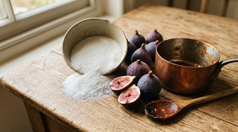 Sucre, figues fraîches et miel sur planche en bois
