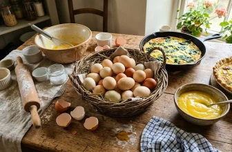 Table de cuisine avec œufs, préparations et omelettes cuites