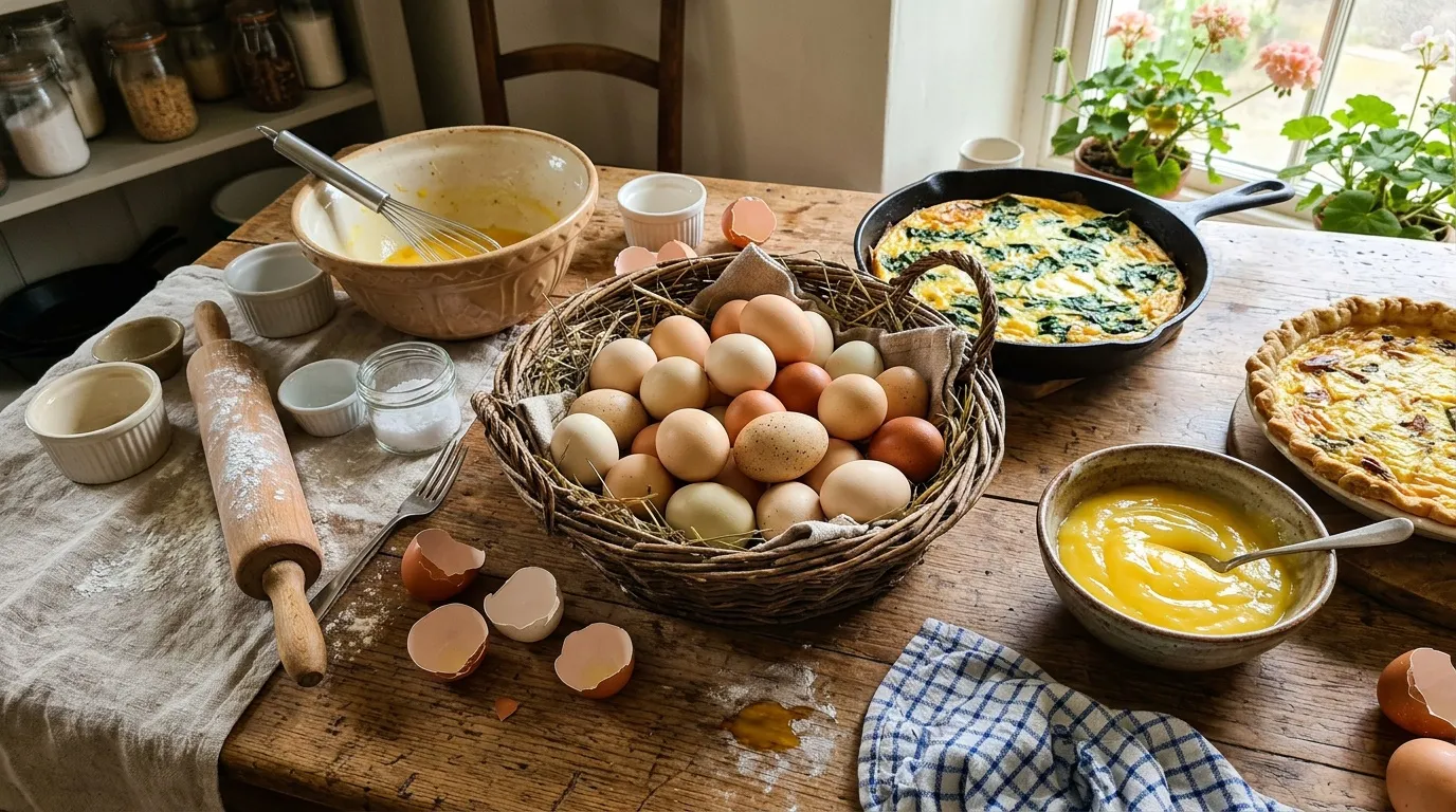 Œufs frais et plats cuisinés disposés sur une table de cuisine.
