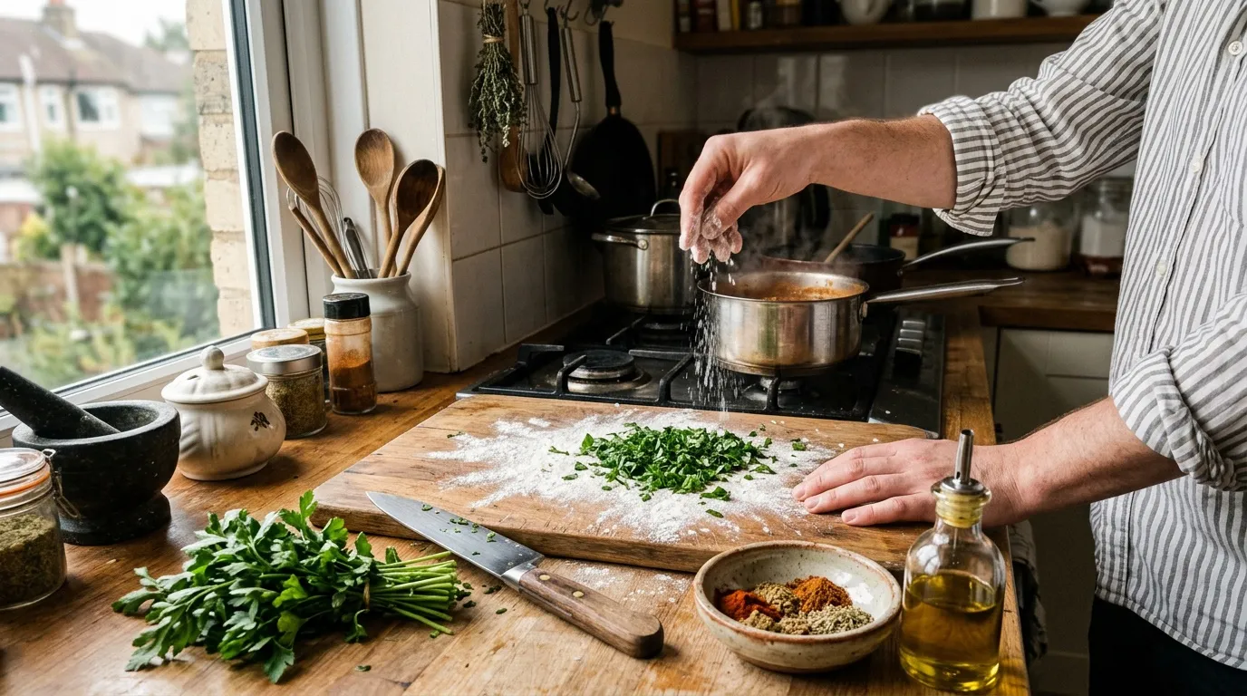 Un cuisinier prépare un plat avec des herbes fraßches dans une cuisine propre.