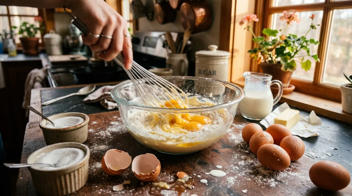 Œufs, farine et pâte en cours de mélange dans un bol de cuisine.