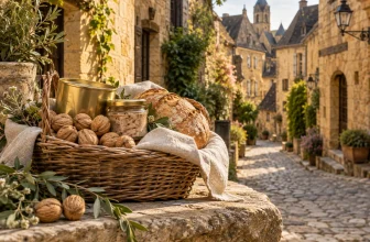 Un panier de spécialités périgourdines génériques est présenté dans une rue ancienne de Sarlat.