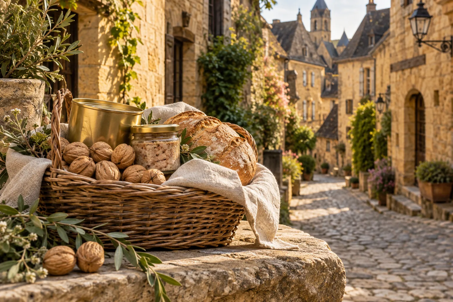 Un panier de spécialités périgourdines génériques est présenté dans une rue ancienne de Sarlat.