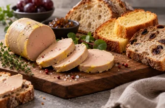 Du foie gras servi froid accompagne plusieurs tranches de pain sur une planche neutre.