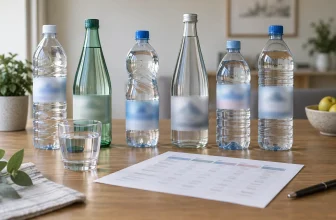Des bouteilles d’eau minérale génériques aux étiquettes floutées entourent un verre et une fiche d’analyse illisible.