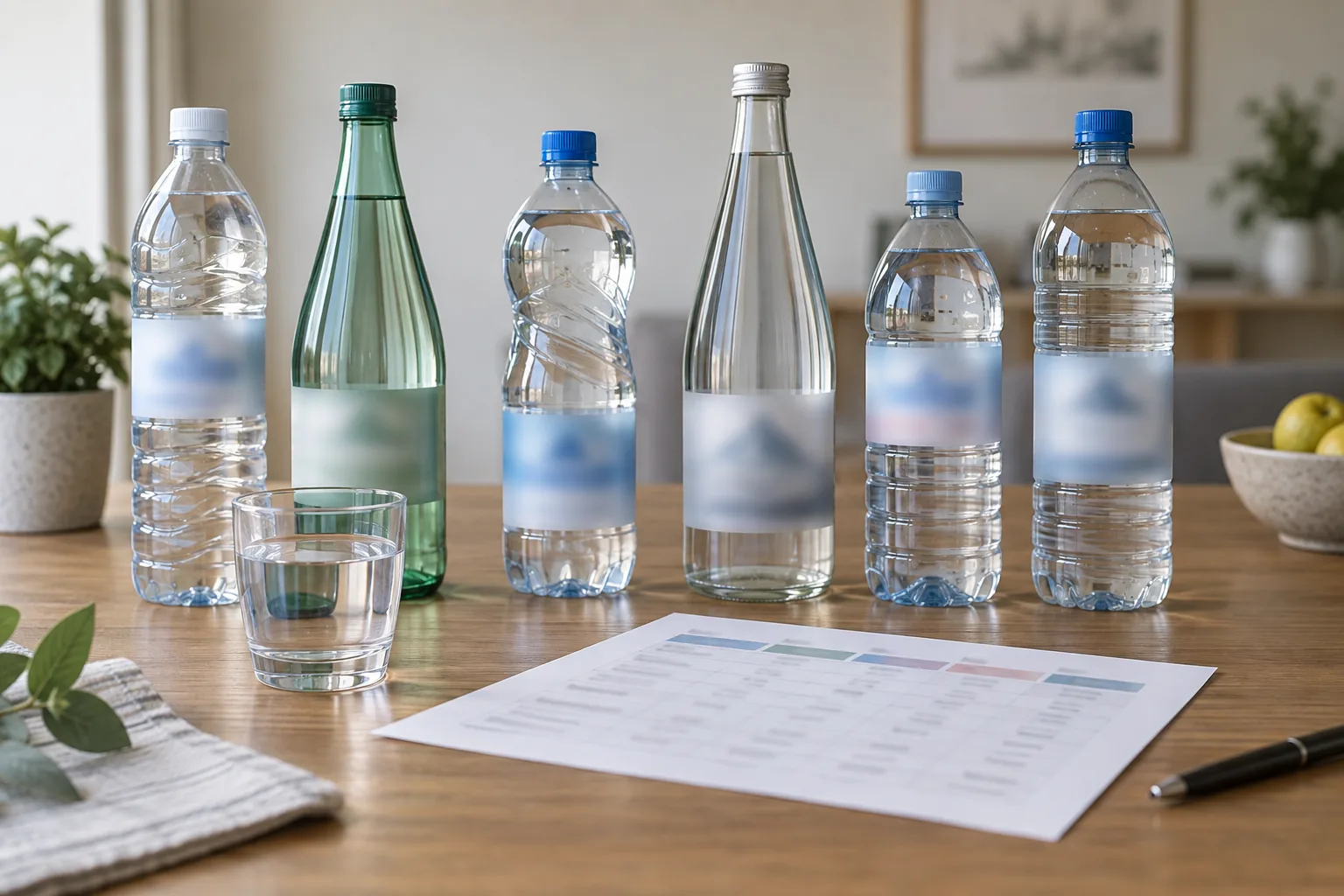 Des bouteilles d’eau minérale génériques aux étiquettes floutées entourent un verre et une fiche d’analyse illisible.