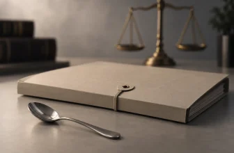 Une petite cuillère repose devant un dossier judiciaire abstrait sans personne identifiable.