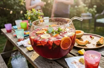 Pichet de sangria rouge avec fruits et glaçons en terrasse