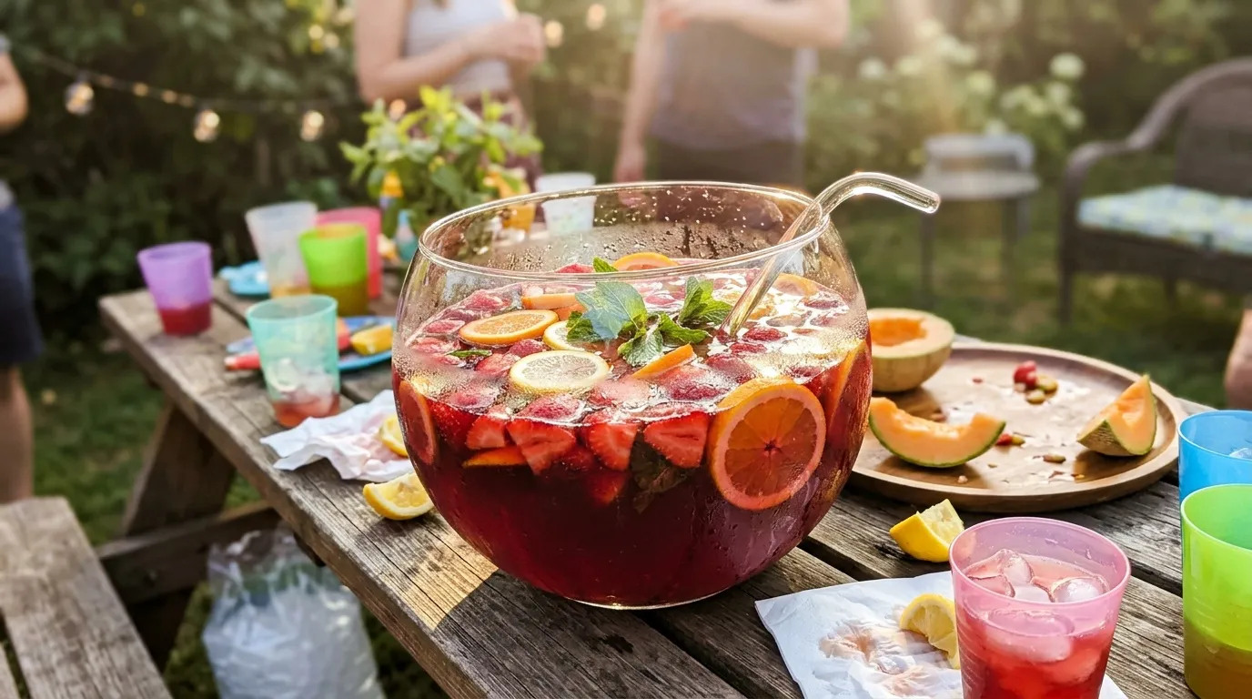 Pichet dâune boisson rouge aux fruits et glaçons sur une table de jardin.