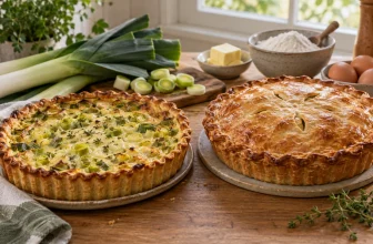 Une tarte ouverte et une tourte couverte aux poireaux sont présentées côte à côte avec des ingrédients frais.