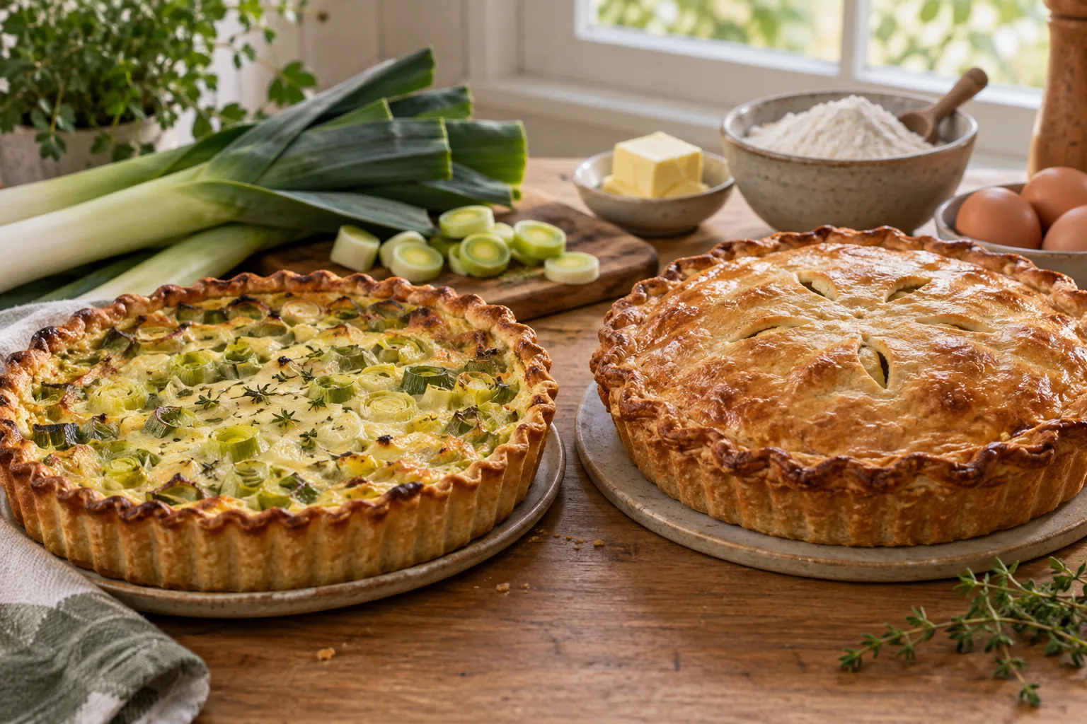 Une tarte ouverte et une tourte couverte aux poireaux sont présentées cÎte à cÎte avec des ingrédients frais.