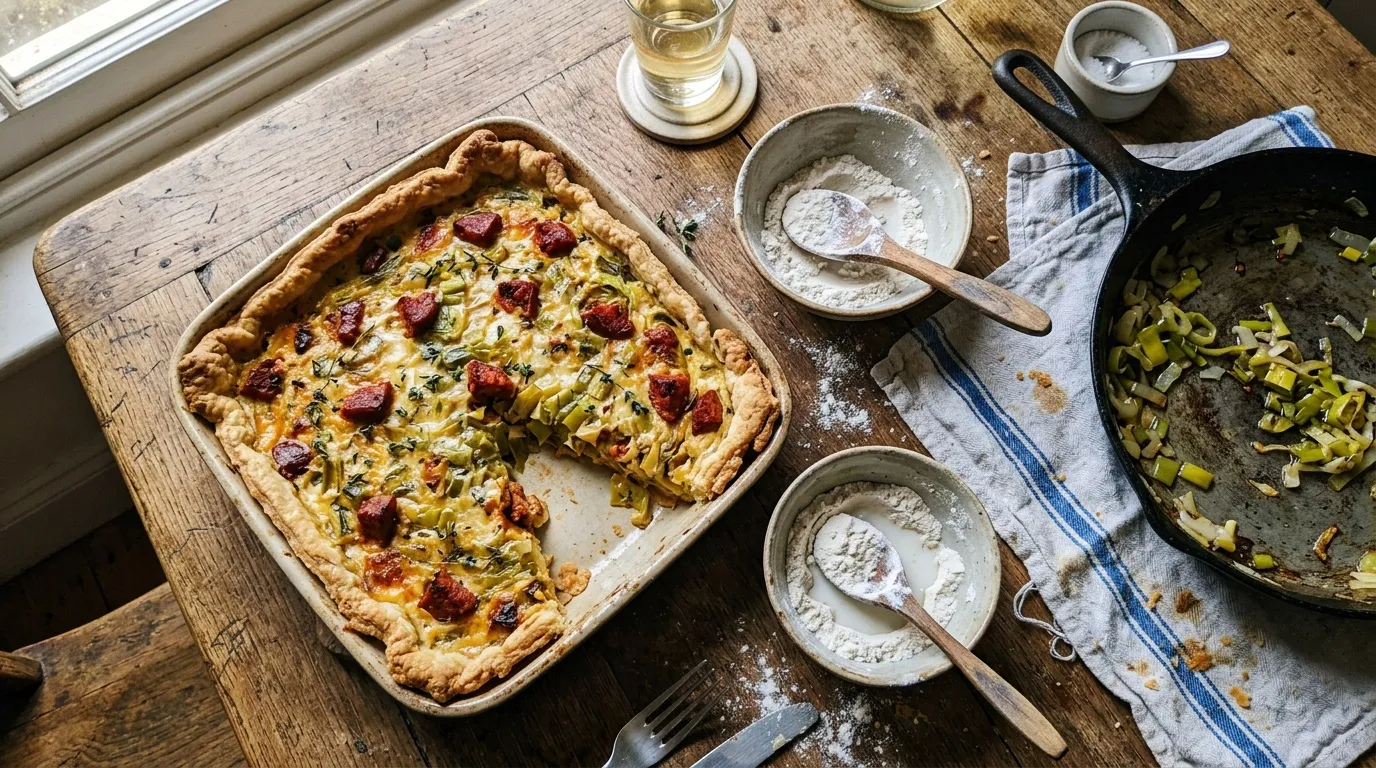 Une tarte rustique aux poireaux et lardons est servie sur une table de cuisine.