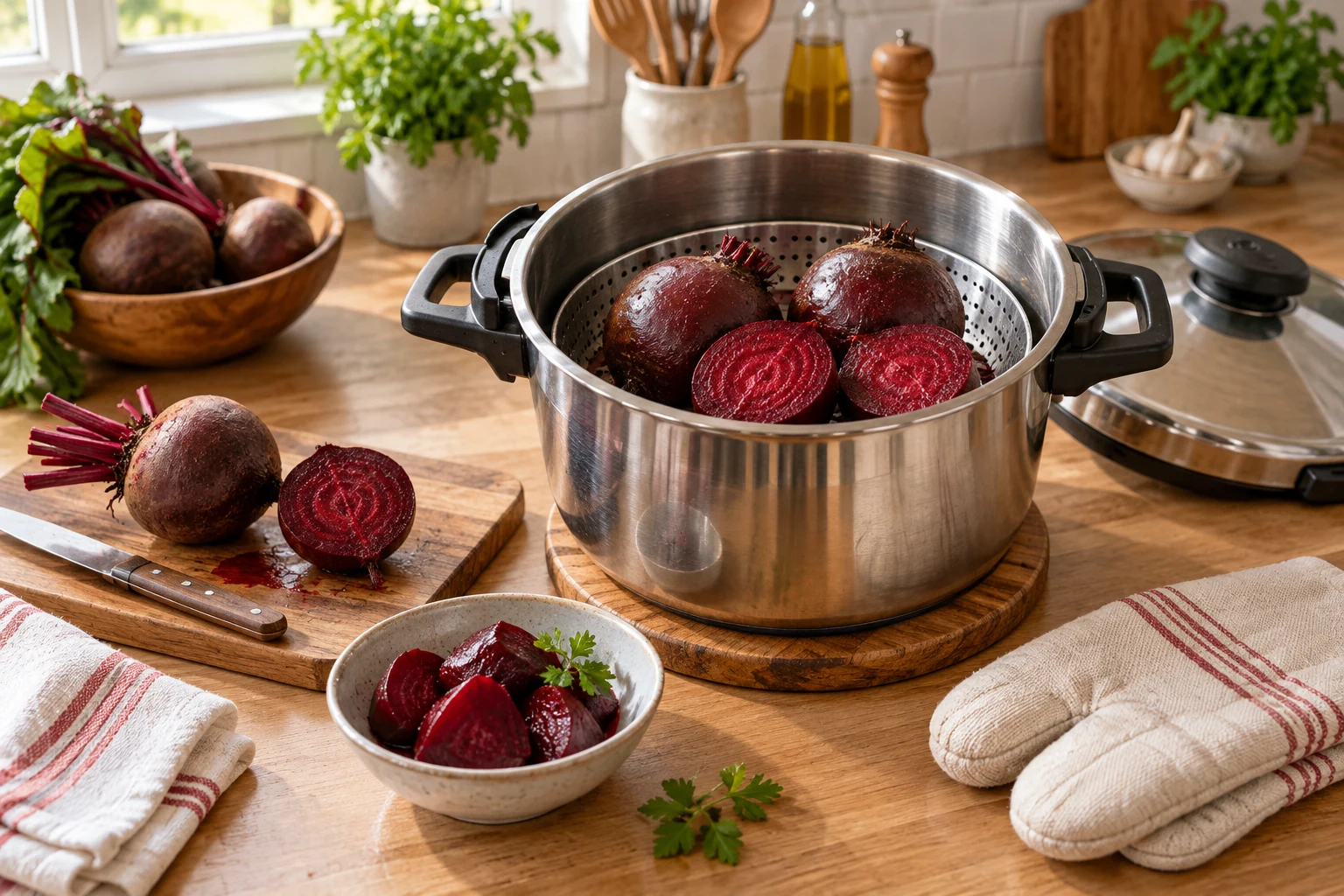 Betteraves rouges dans le panier d’une cocotte-minute ouverte.